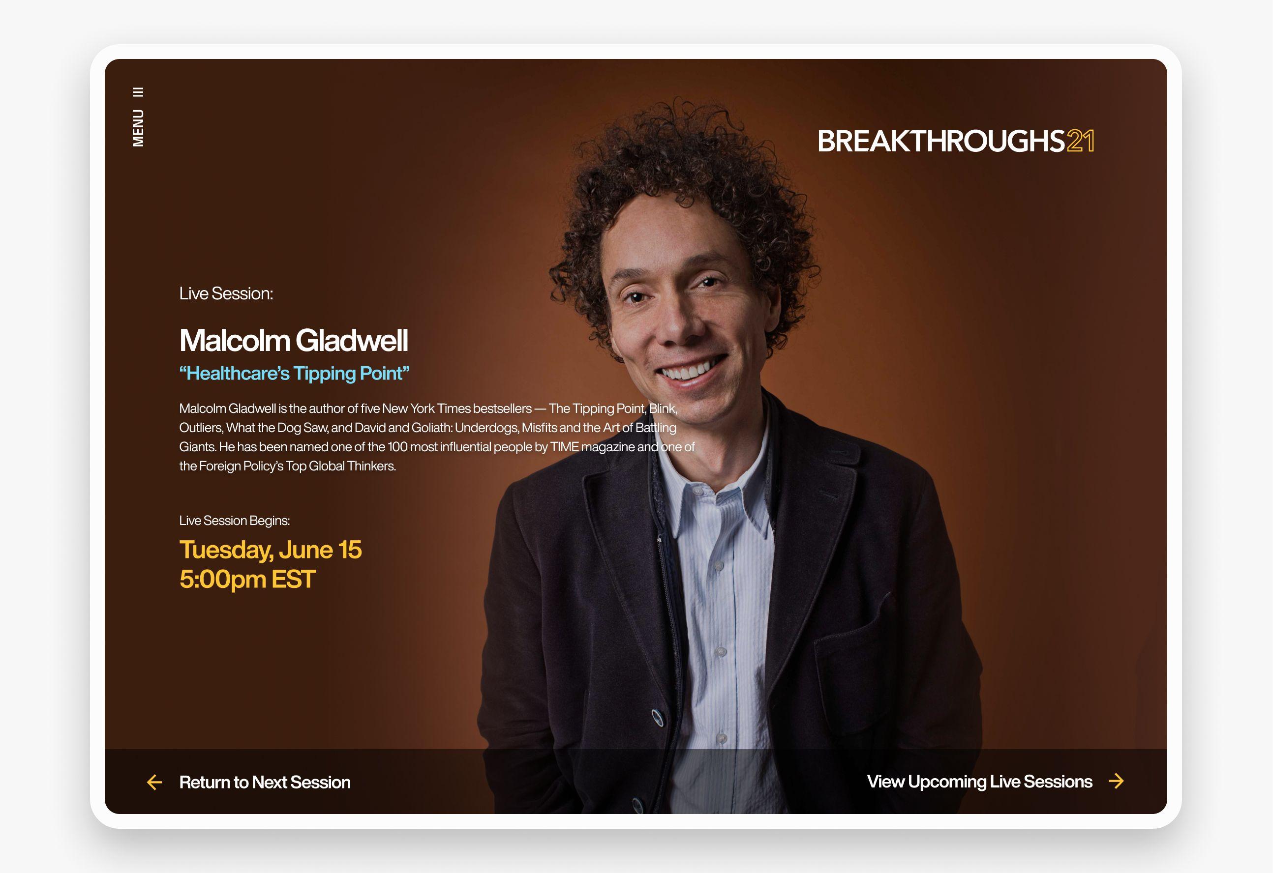 Breakthroughs 21 Online Experience - speaker card malcolm gladwell